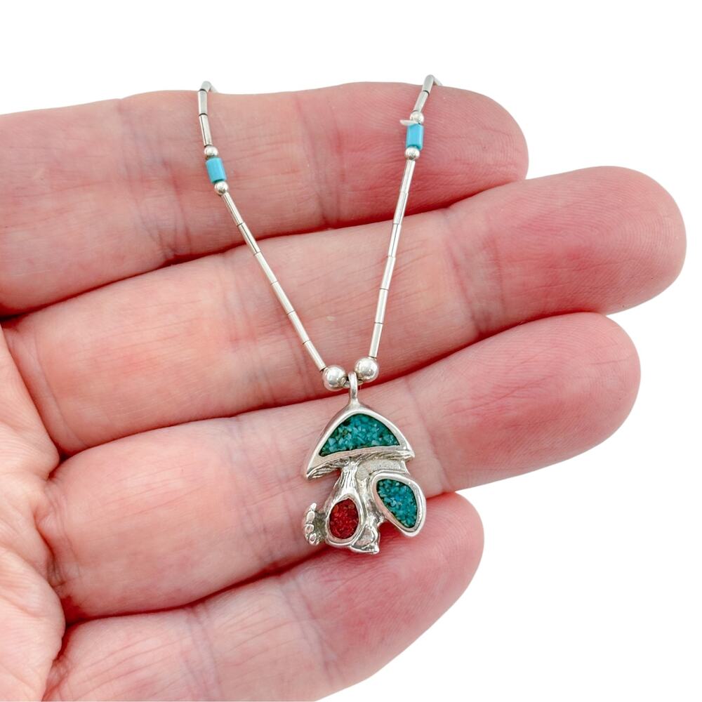 Vintage Liquid Silver Turquoise Coral Mushroom Pendant Necklace 17"